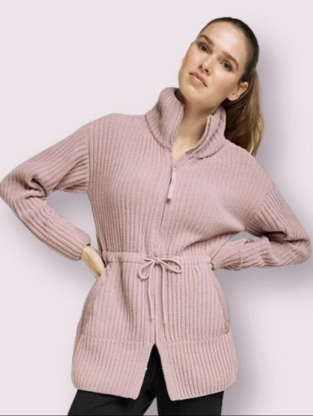 FLX Urban Commuter Cardigan Sz S Mauve Chenille Full Zip Ribbed Knit Cinch Waist
